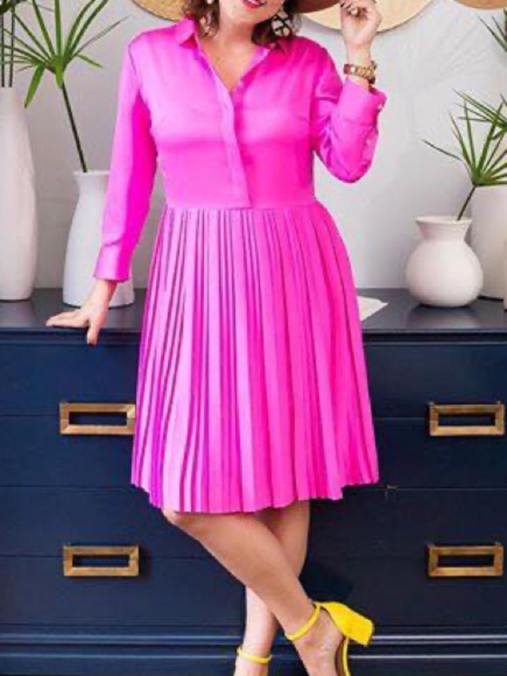 Banana Republic Hot Pink Pleated Shirt Dress